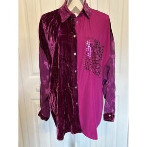 Tina Hagen Burgundy Purple Sheer Sequins Velvet Mardi Gras Button Up Blouse Top